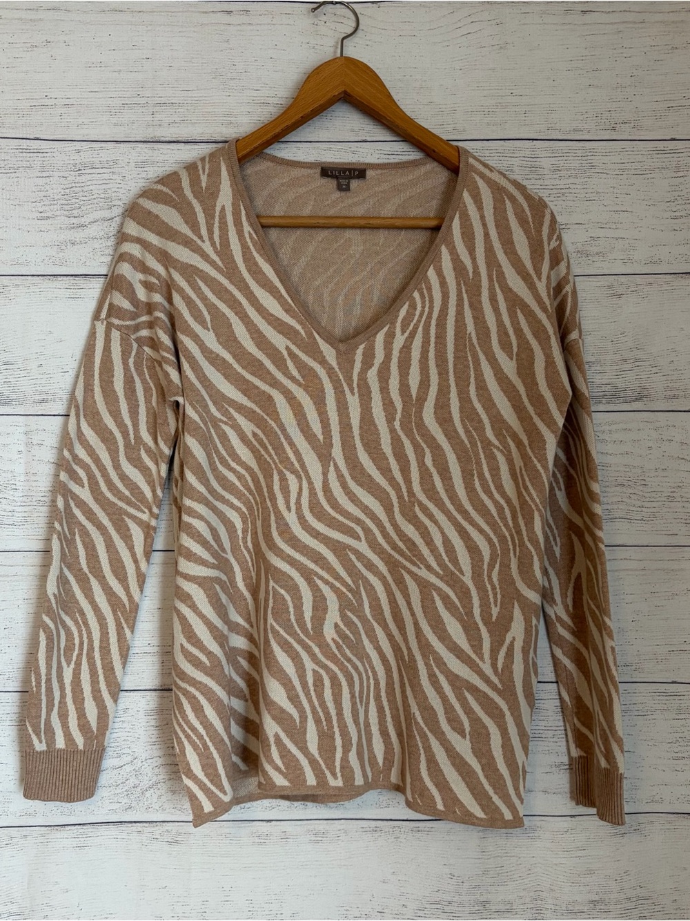 LILLA P. Soft Zebra Primt V Neck Sweater.